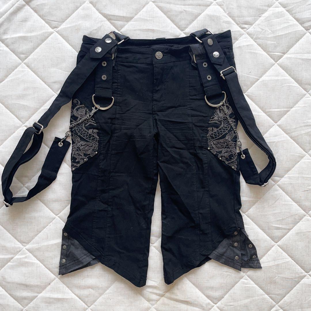 00s Ozz Croce Black Denim Shorts with Suspenders and Dragon Print