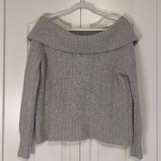 Banana Republic Angora Lambs Wool Blend Off Shoulder Grey Cable Knit Sweater, XL