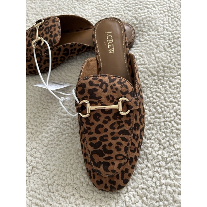 J. CREW Womens Nora Sueded Horsebit Slide Loafer Mules Brown Animal Print Sz 8.5