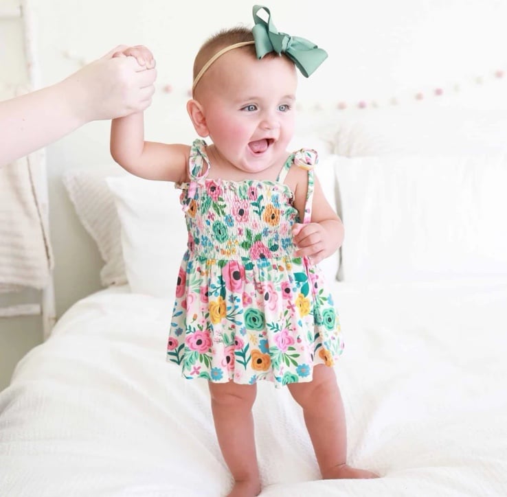 Caden Lane Smockef Twirl Bodysuit Dress Multicolor Pretty Poppies Size 18-24mnth