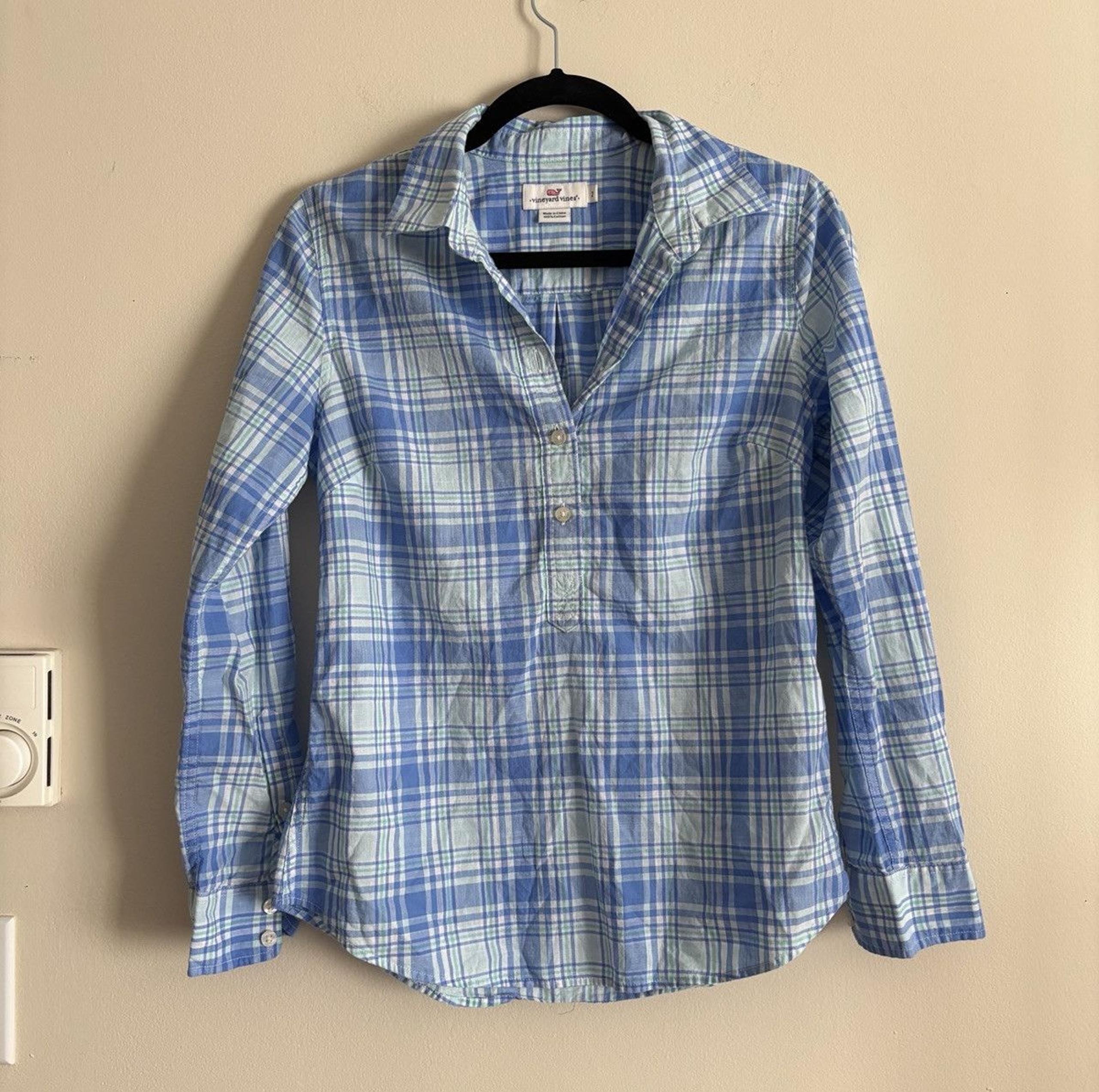 Vineyard Vines Womens XS 2 Popover Button Shirt Plaid Cotton Blue Green Preppy