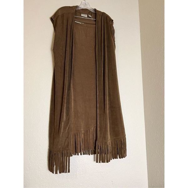 Chico's slinky chocolate brown fringe longline open jacket skirt 3