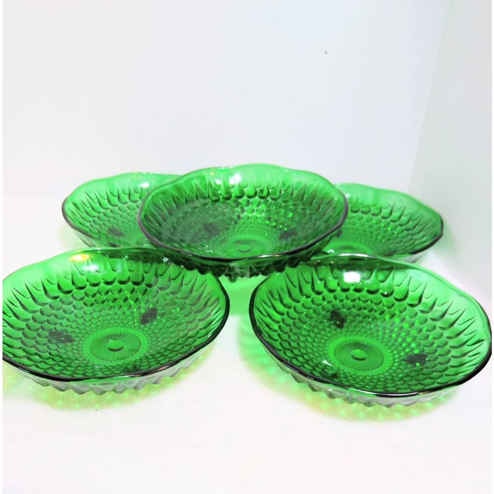 Emerald Green Hobnail footed bowls 5 pc