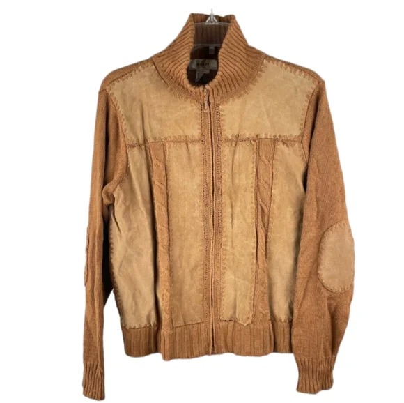 Vintage Tan Knit and Leather Woven Zip Front Sweater Jacket size M