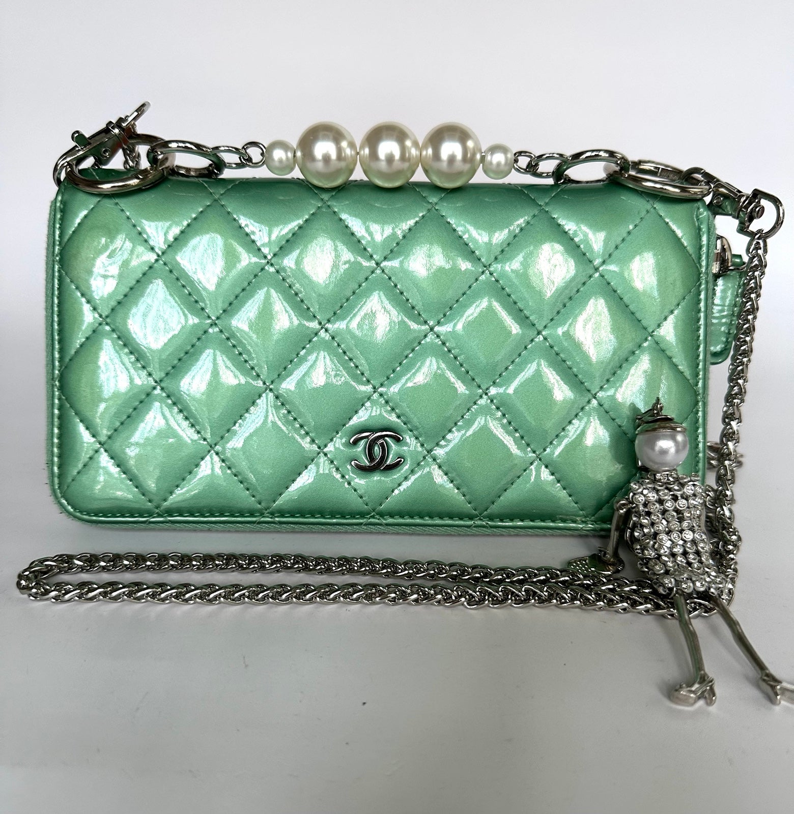 CHANEL CC Iridescent Mint Green Quilted Patent Leather Wallet on Chain