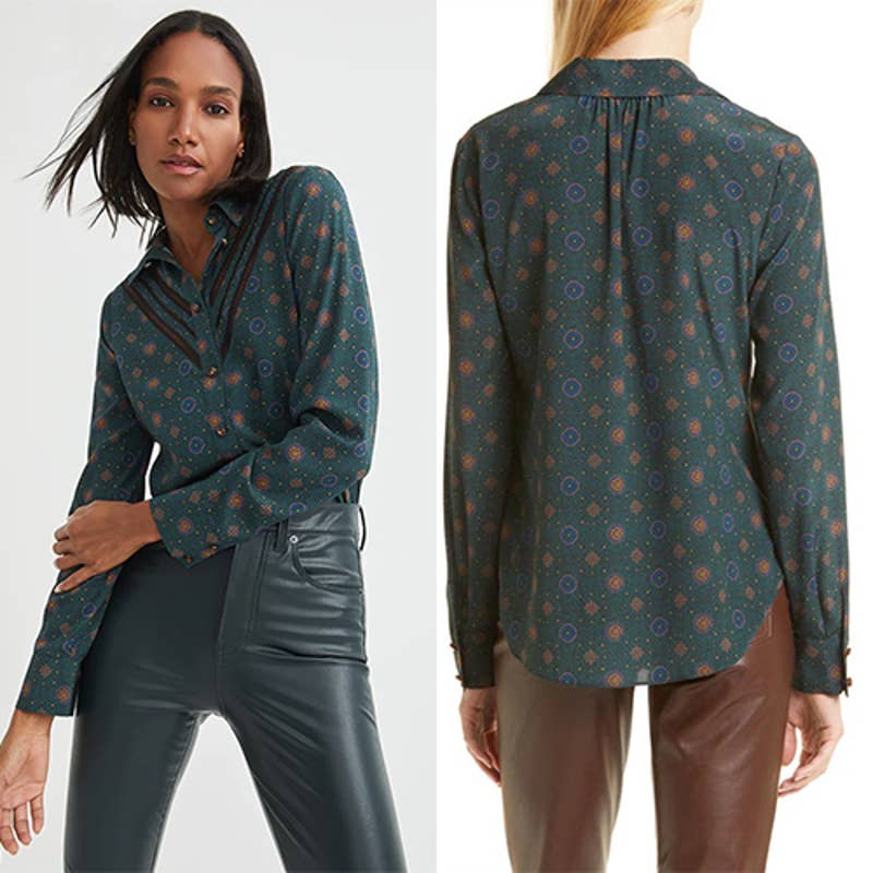 Veronica Beard Rowena Token Silk Button Up Blouse Emerald Multi Size: 00 NWT