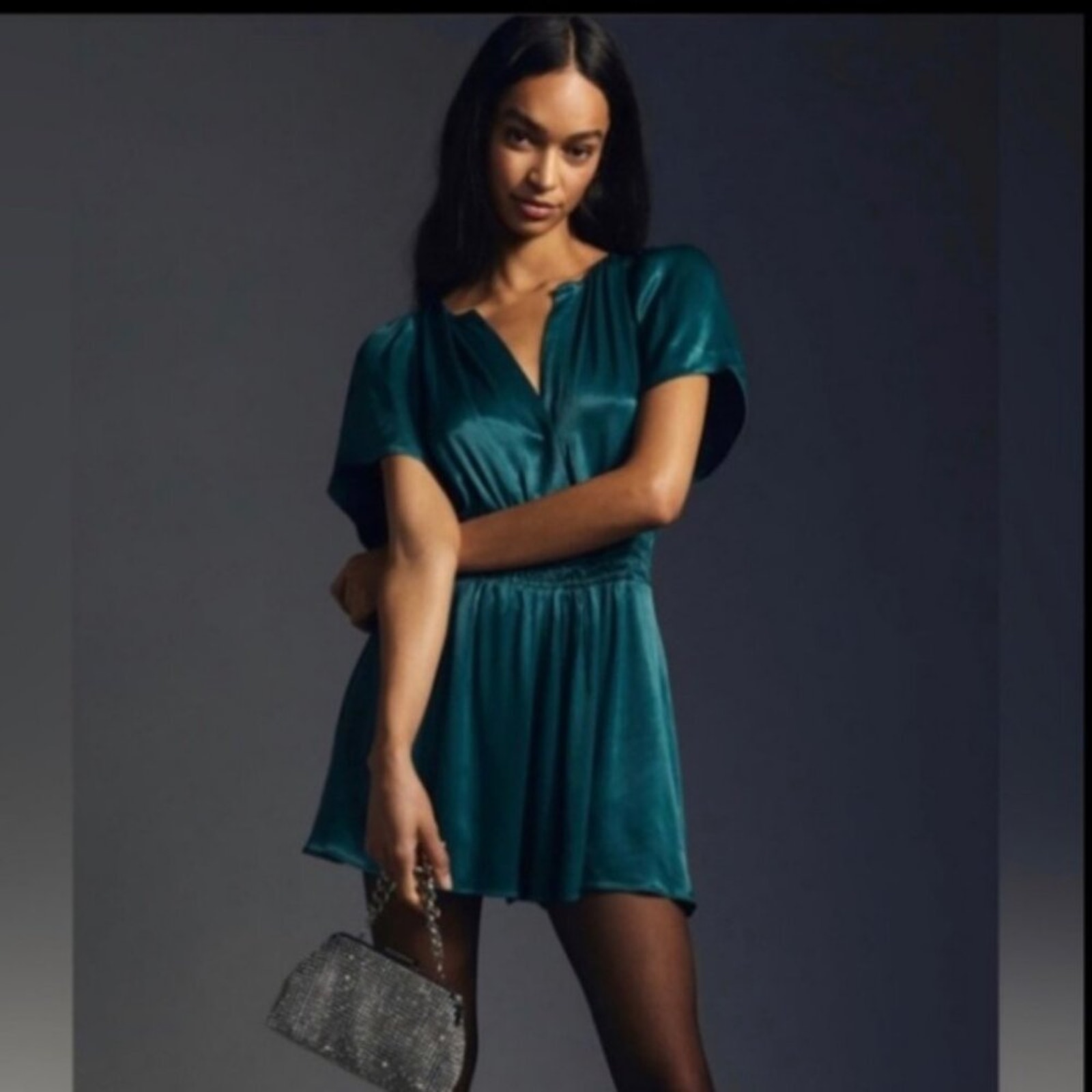Anthropologie The Somerset Smocked Waist Satin Emerald Green Romper Size Small