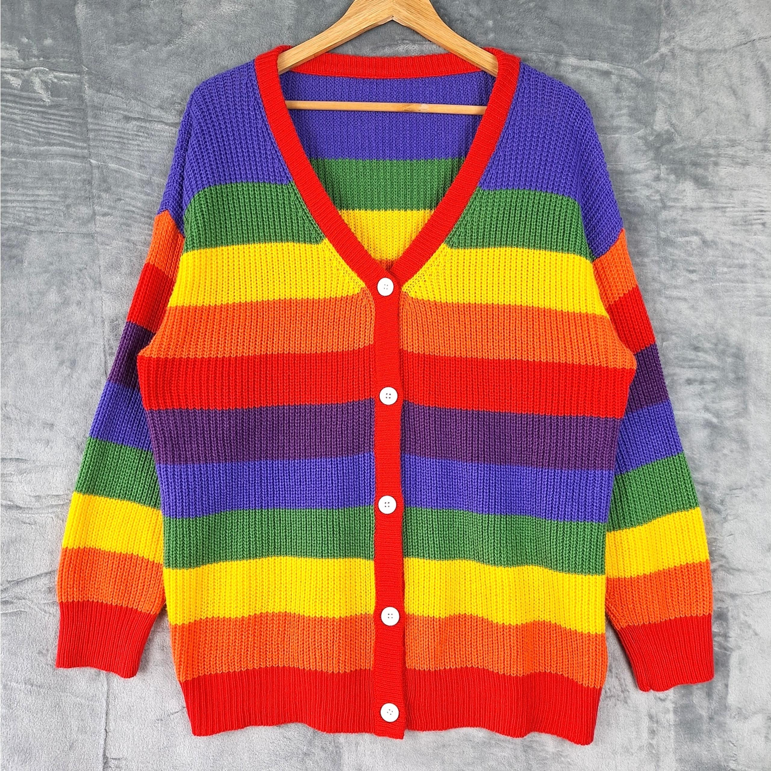 Womens Cardigan 1XL Rainbow Pride Sweater Colorful Knit Striped Button Down