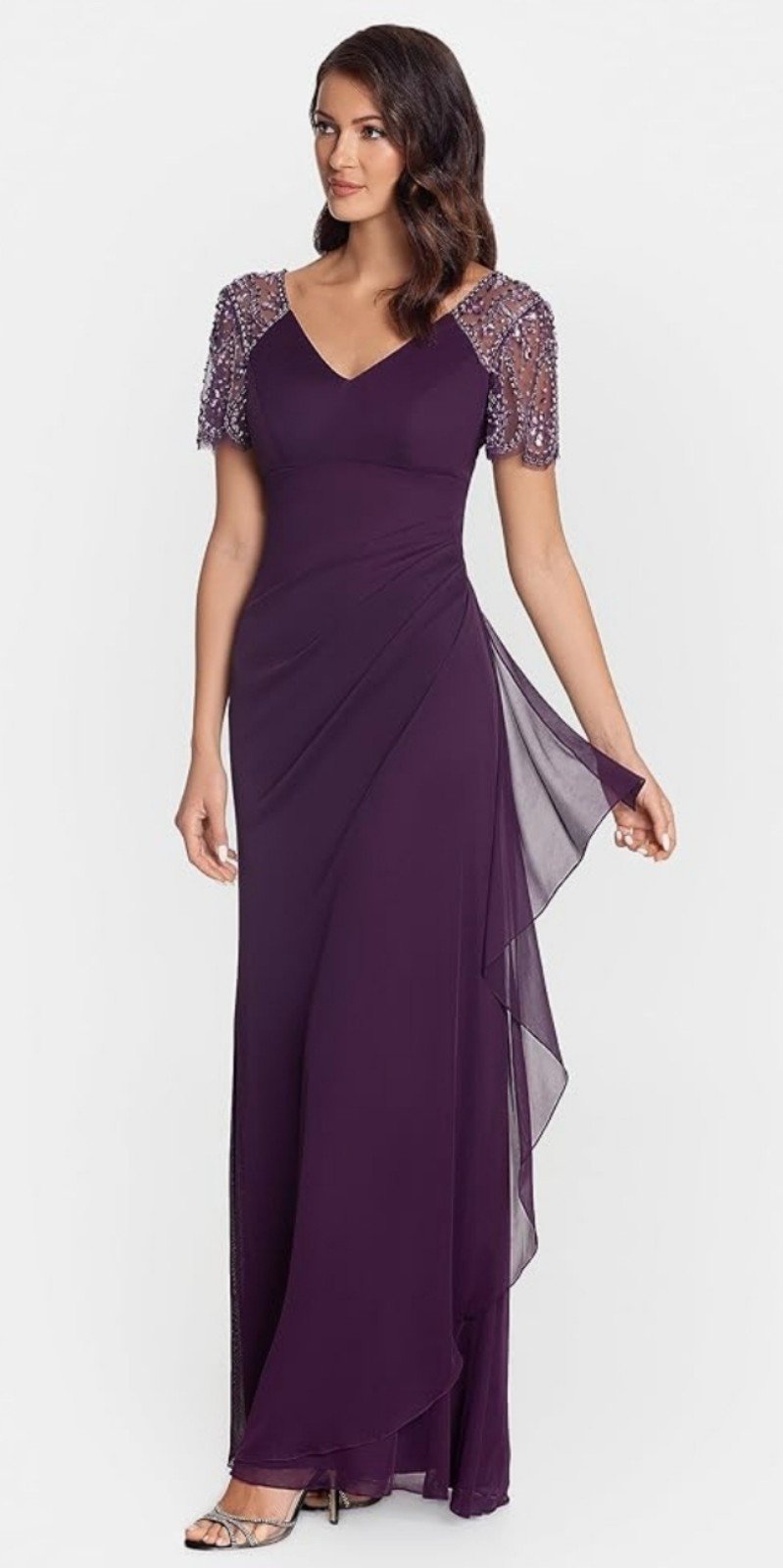 Xscape Women's Long V-Neck Beaded Detail Jersey (Reg and Petite), Plum Size 10