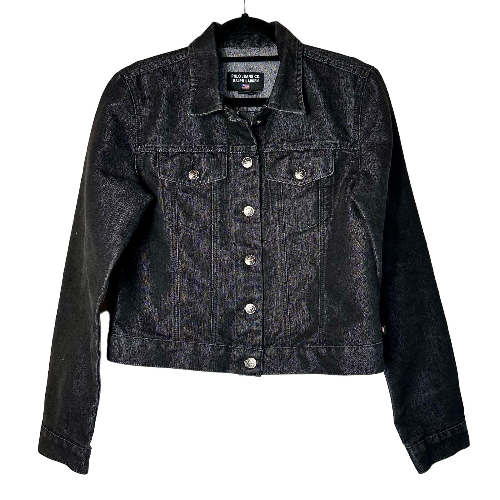 Ralph Lauren Polo Jeans Co Vintage 90s Denim Jacket Black Metallic Silver M
