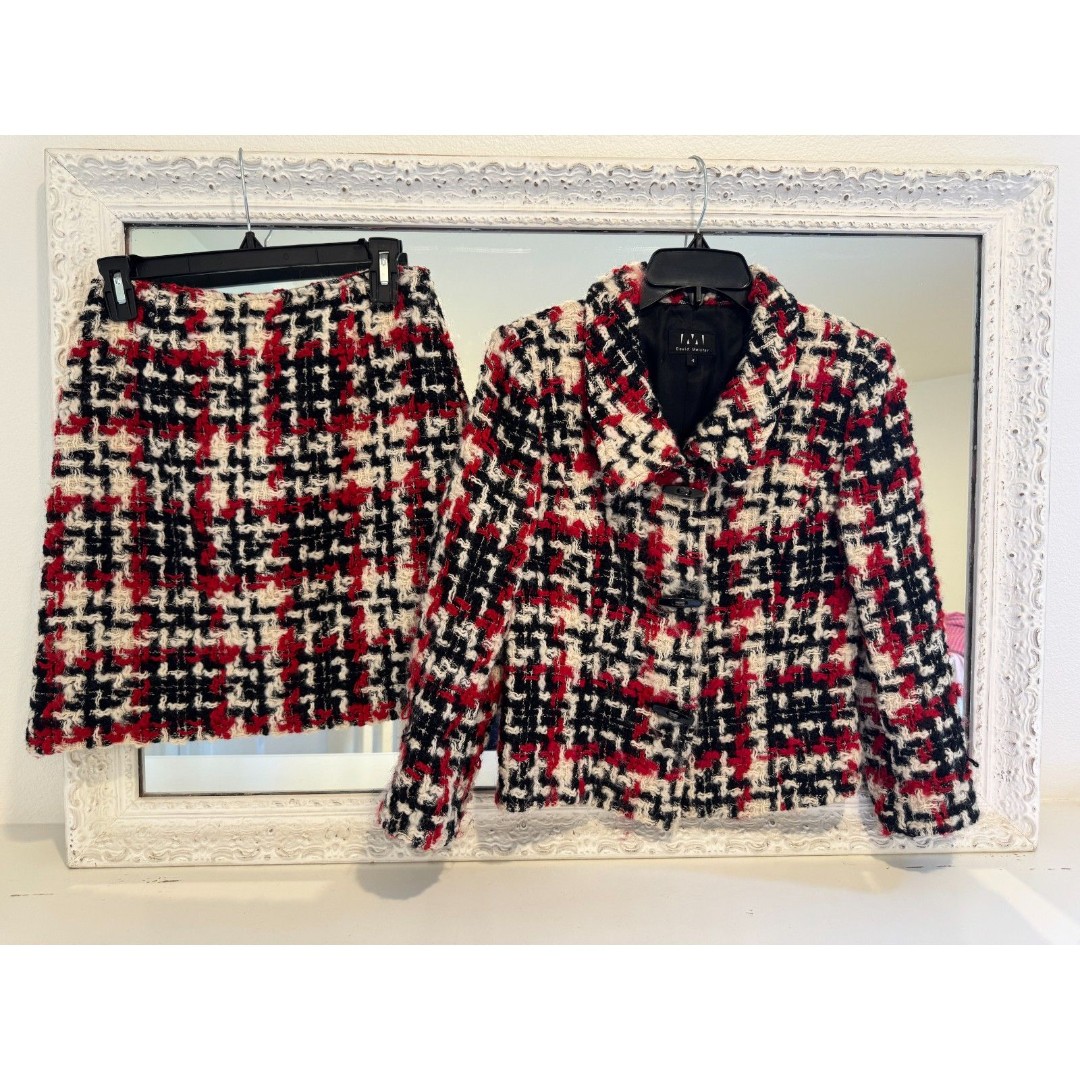 David Meister Black Red White Tweed Toggle Two-Piece Skirt & Blazer Set Size 2/4
