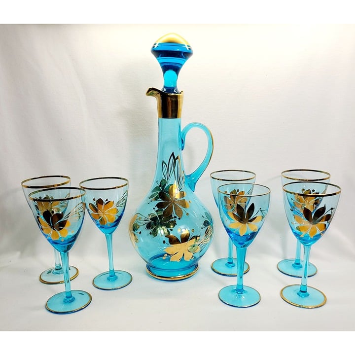 Vtg European Aqua crystal Decanter and 8 goblets