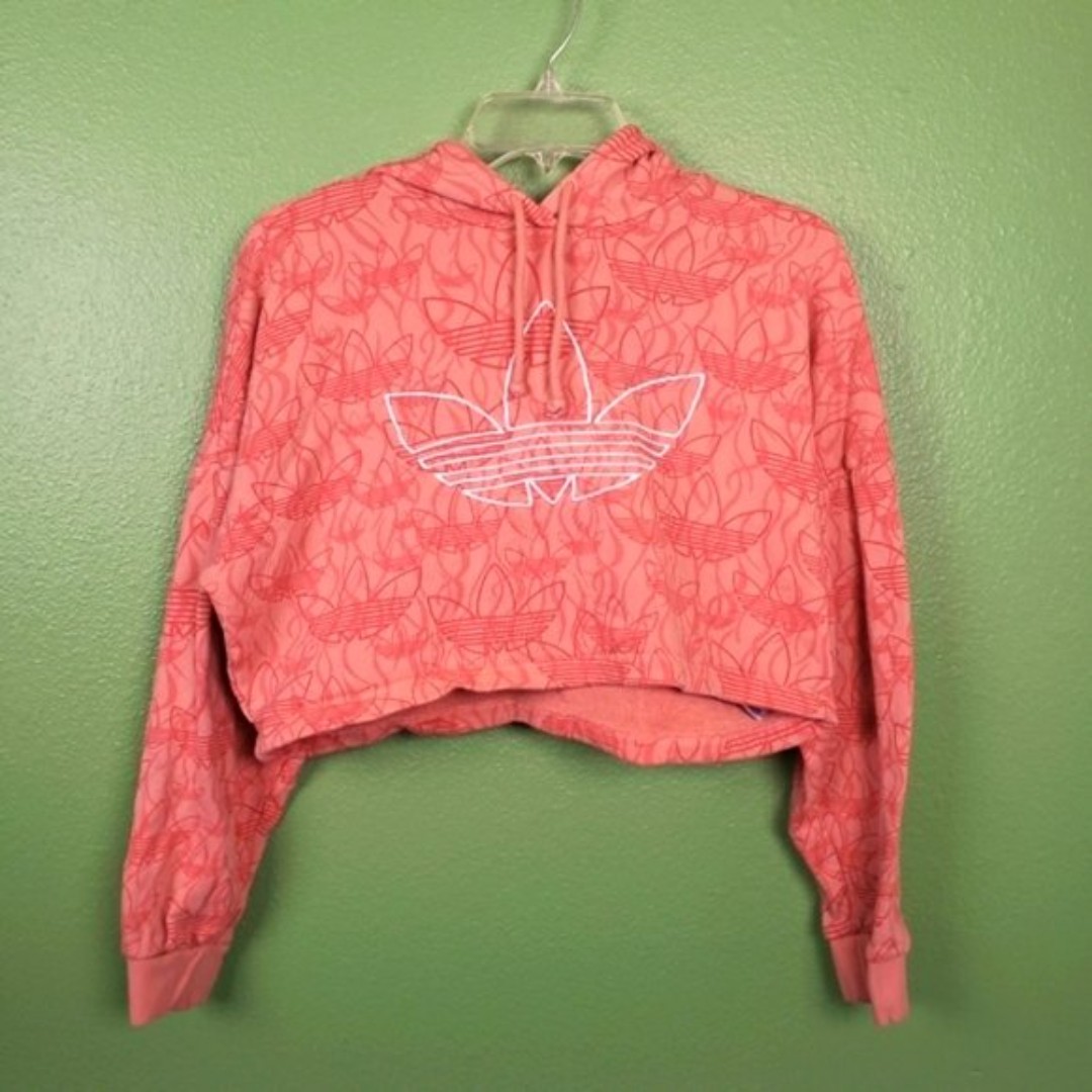 Adidas Women's monogram pink trendy crop top long sleeve hoodie size XS