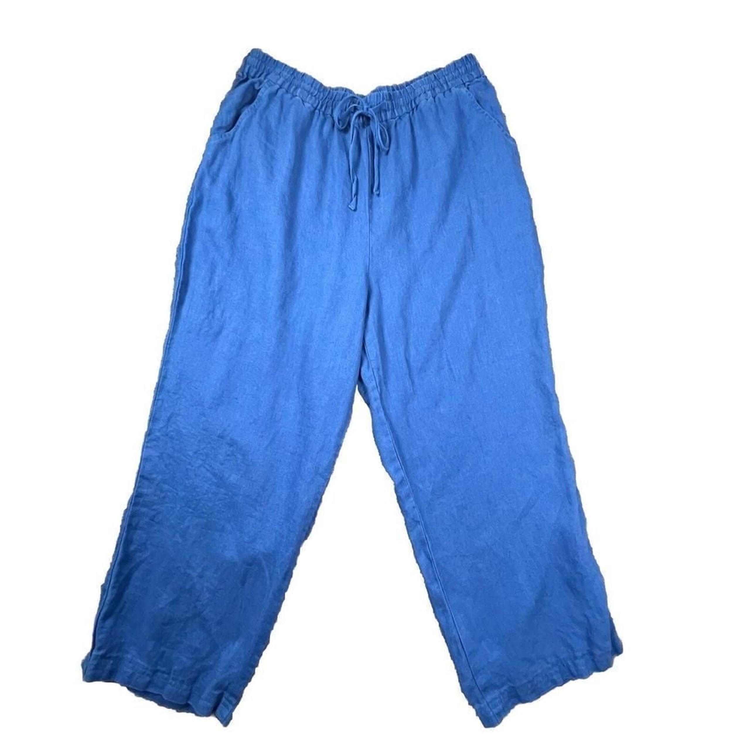 Soft Surroundings Womens Large Linen Casual Blue Wide Leg Trousers Capri Pants
