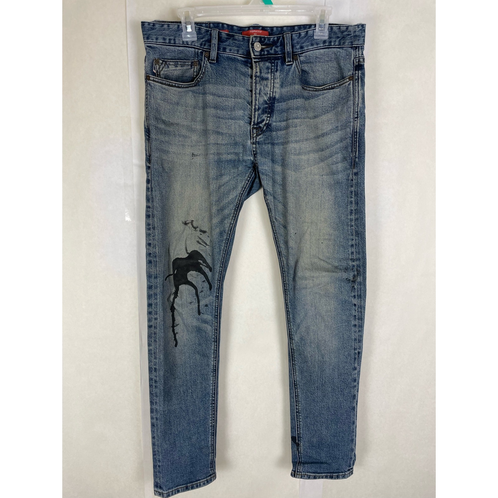 Topman Mens Stretch Skinny Fit Oil Splatter Faded Blue Jeans Size 32