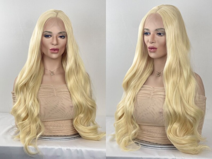 Blonde Wig Human Hair Blend Lace Front Full Wig 13x3” Free Parting Hand-tied 24”