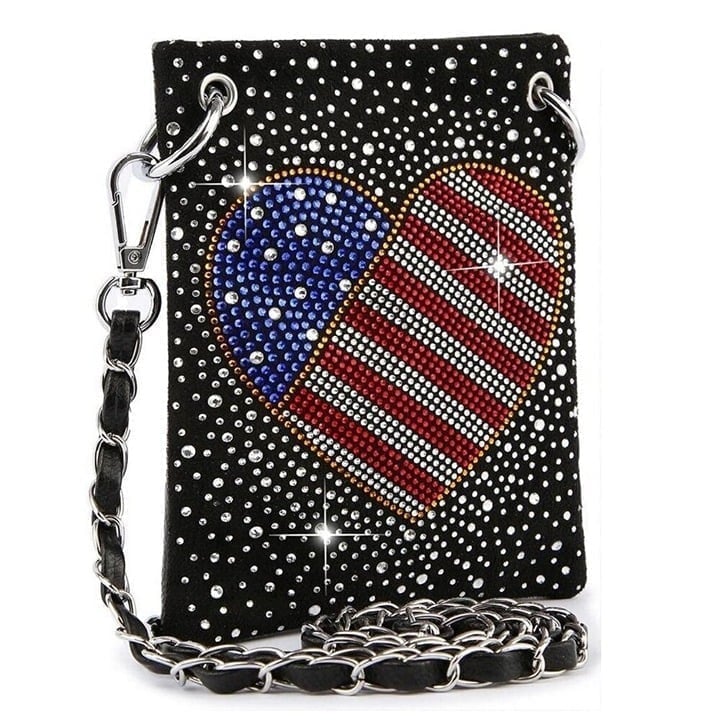 Patriotic Red White Blue Rhinestone Bling Black Hobo Crossbody Mini Phone Bag