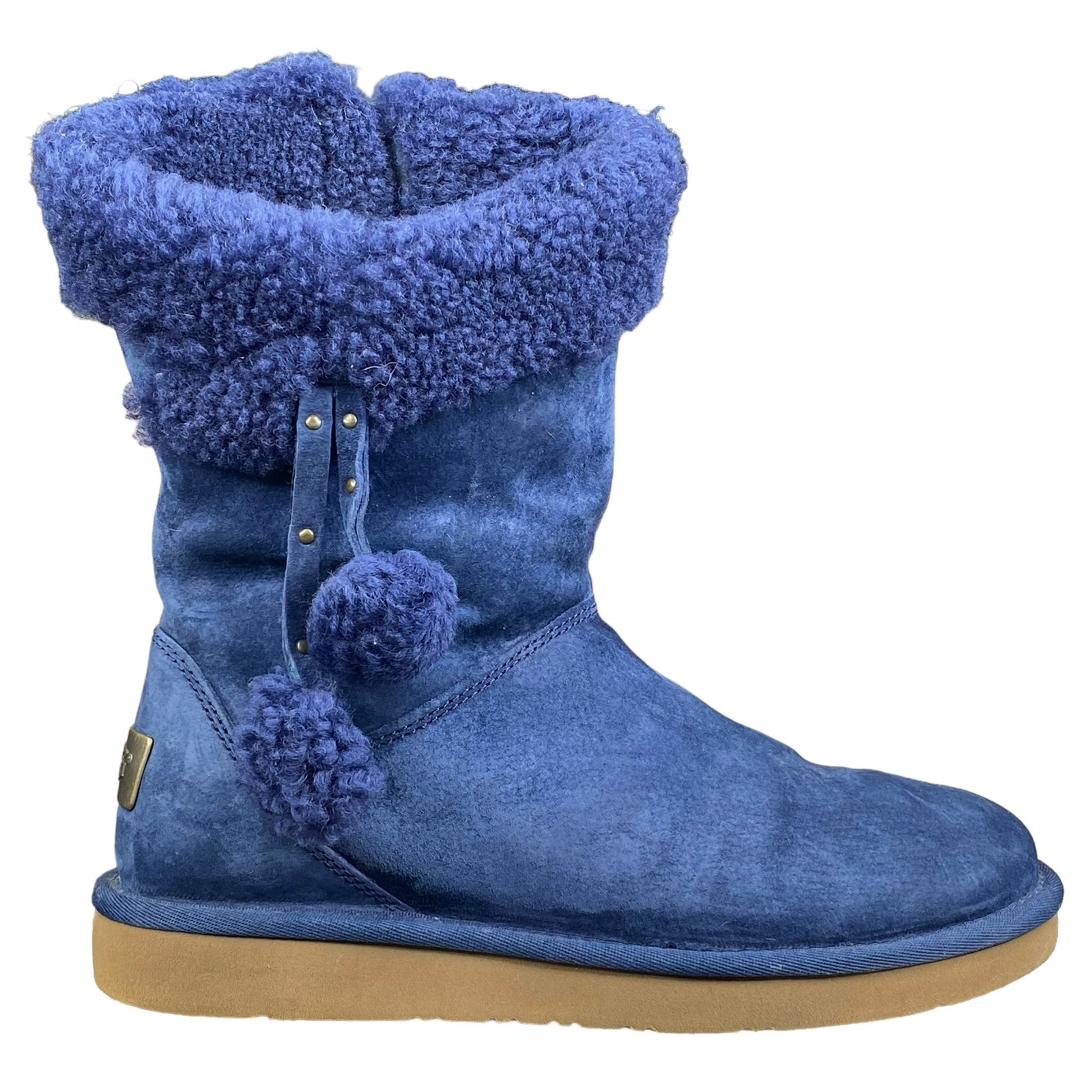 UGG Women’s Plumdale Blue Suede Cuffed Pom Pom Winter Boot Size 7