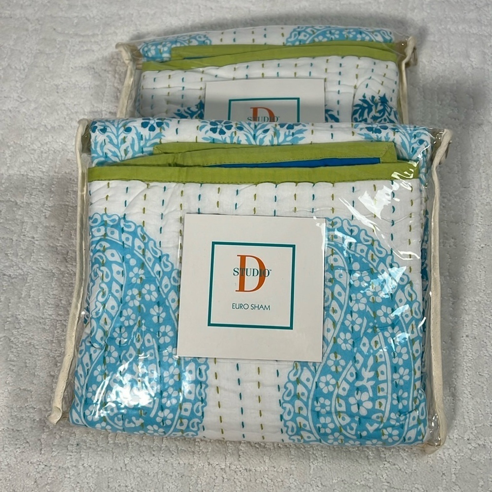 New! Studio D Euro Shams lot of 2 blue white turquoise and lime green