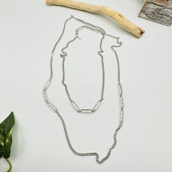 Vintage Monet Silver Tone Chain Link Long Bar Necklace