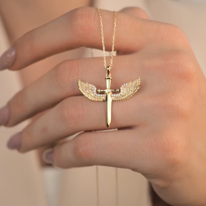 8 8 2 14K Solid Gold Guardian Archangel Michael Pendant / Gold image