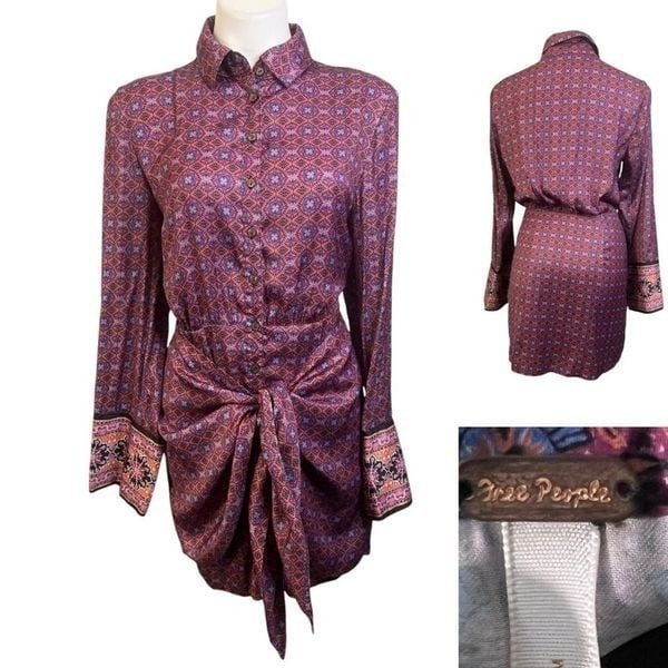 Free People Silky Rillo Shirtdress size Med Blackberry Tapestry Print casual