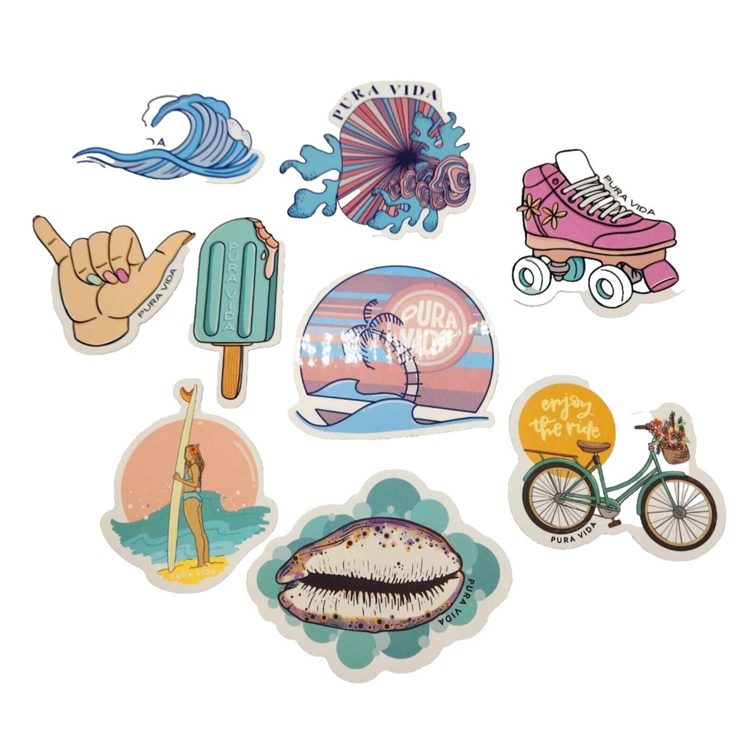 Set of 9 Pura Vida Vinyl Stickers Decals Logo Beach Surf Roller Skate