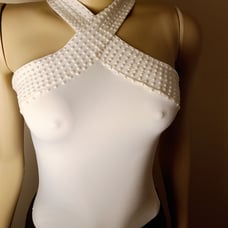 Pearl-Studded White Halter Top (Custom)