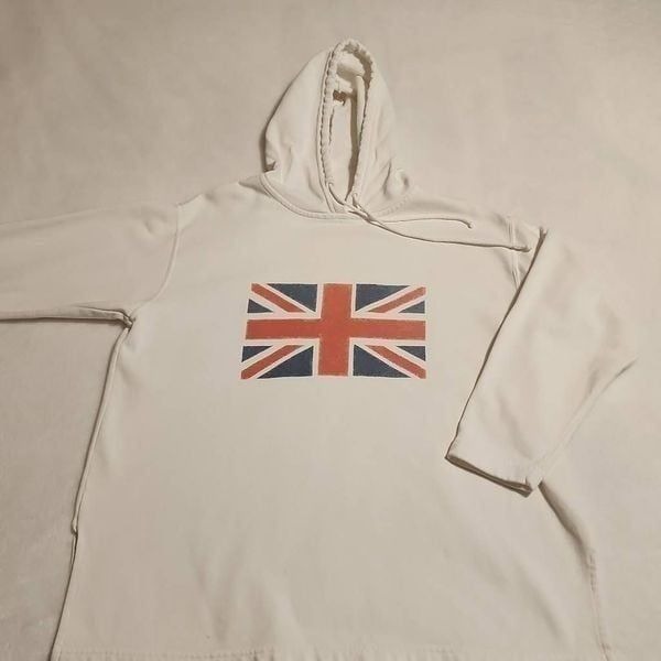 Moda Int'l Vintage Woman's White Hoodie with Union Jack Graphic Size Large