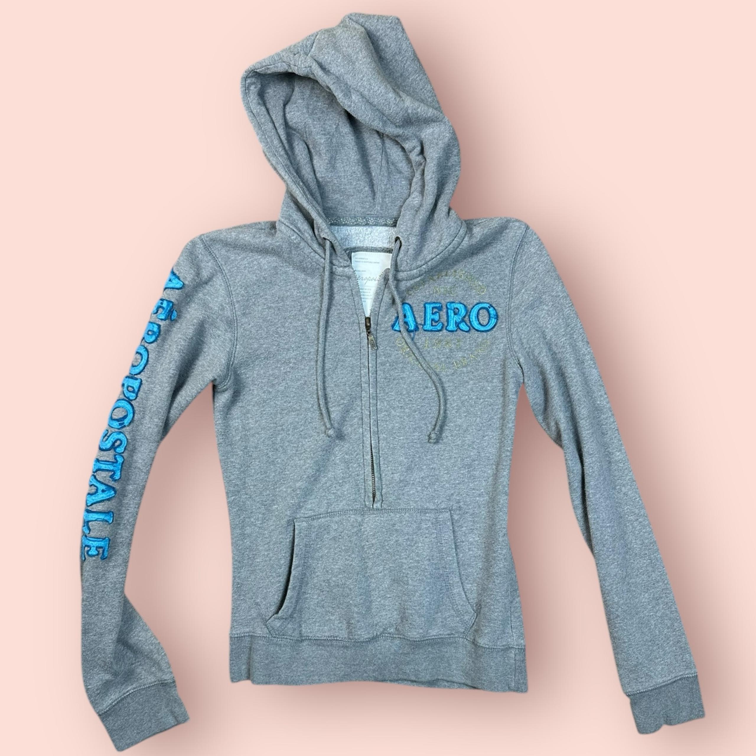Y2K Aeropostale half zip hoodie 00s spell out logo 
Medium gray blue