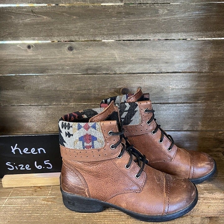 Womens Keen Tyretread Brown Leather Aztec Comfort Ankle Boots Size 6.5 M GUC