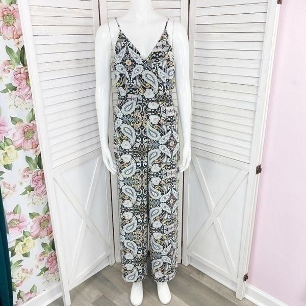 Loft Paisley Sleeveless Surplice Top Wide Leg Jumpsuit Black Multi Size 0
