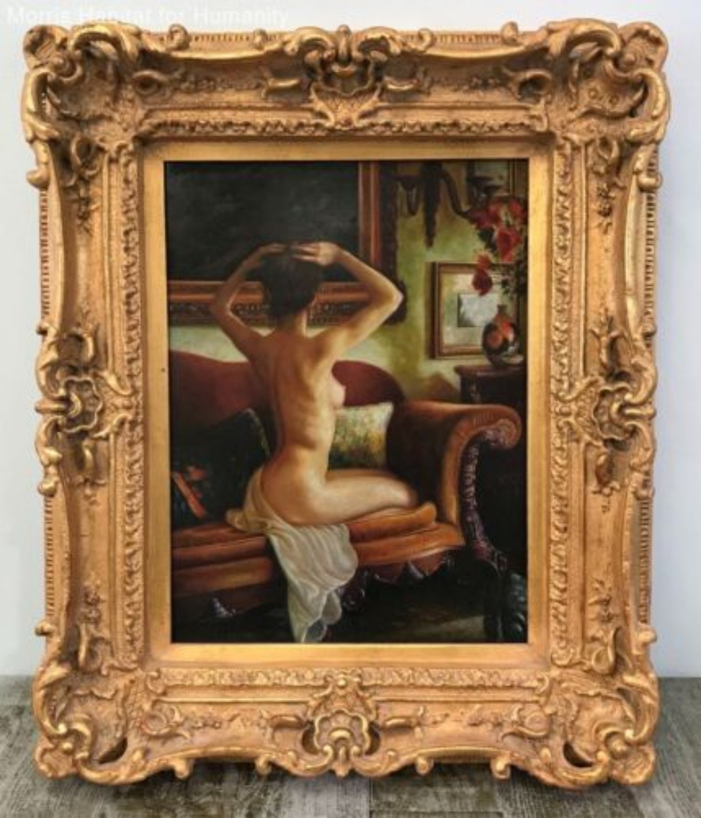 N. Henry Bingham Signed Nude Woman on Couch Oil on Board in Gold Ornate Frame