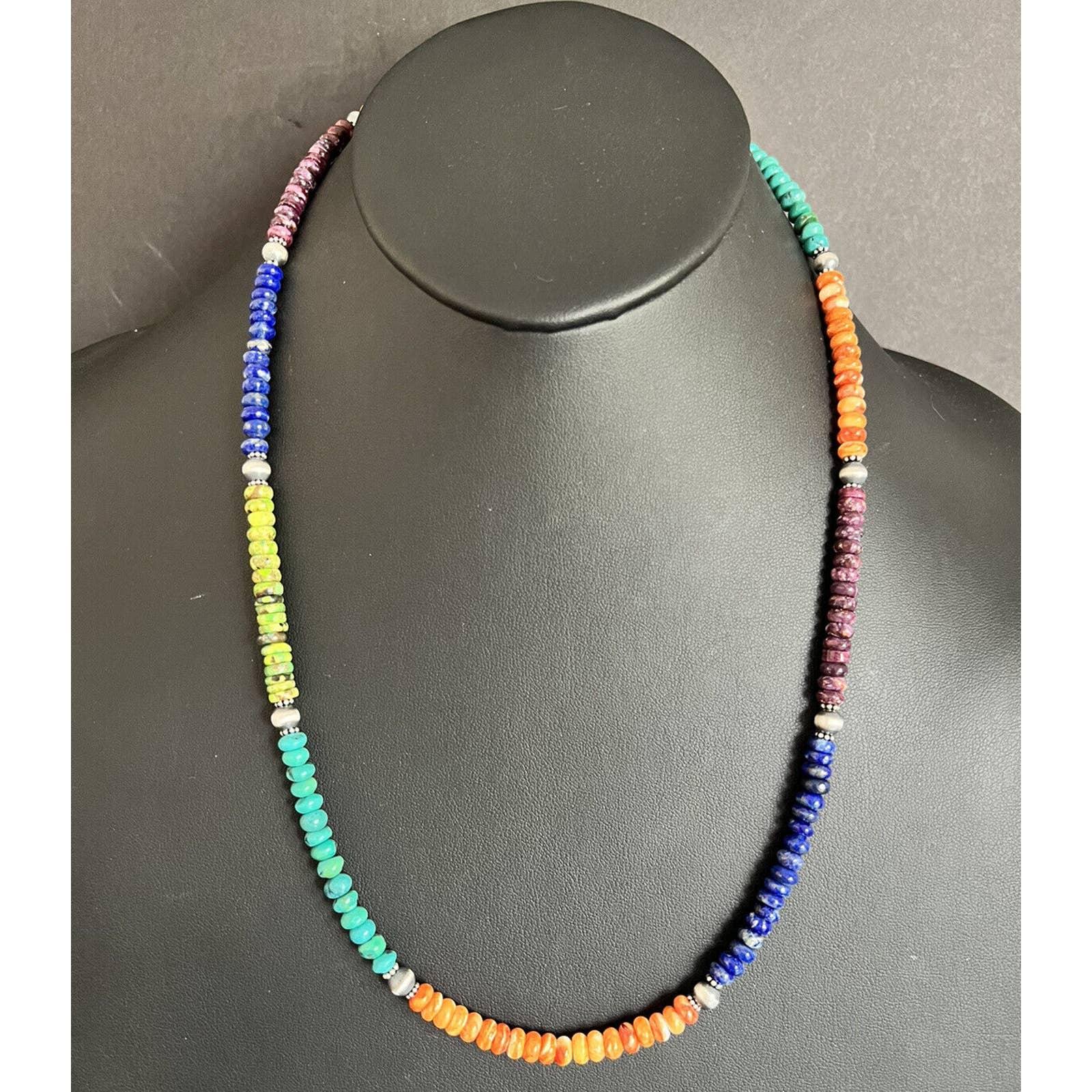 Sterling Silver Multi Stone W Pearls Bead Necklace. 24 Inch