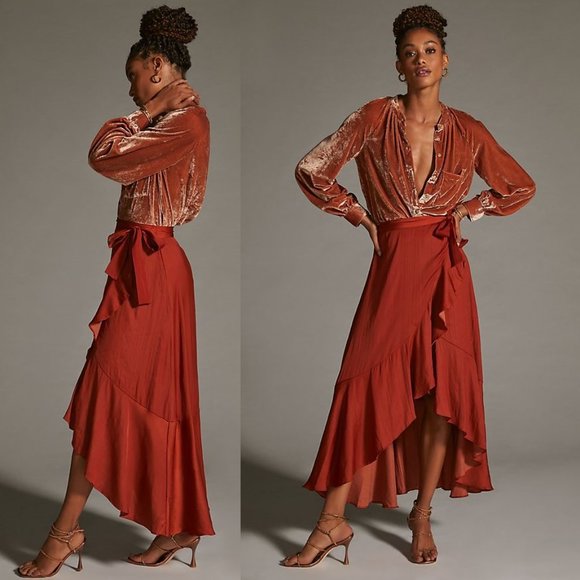 new Anthropologie Maeve Ruffled Wrap Maxi Skirt dark orange SP