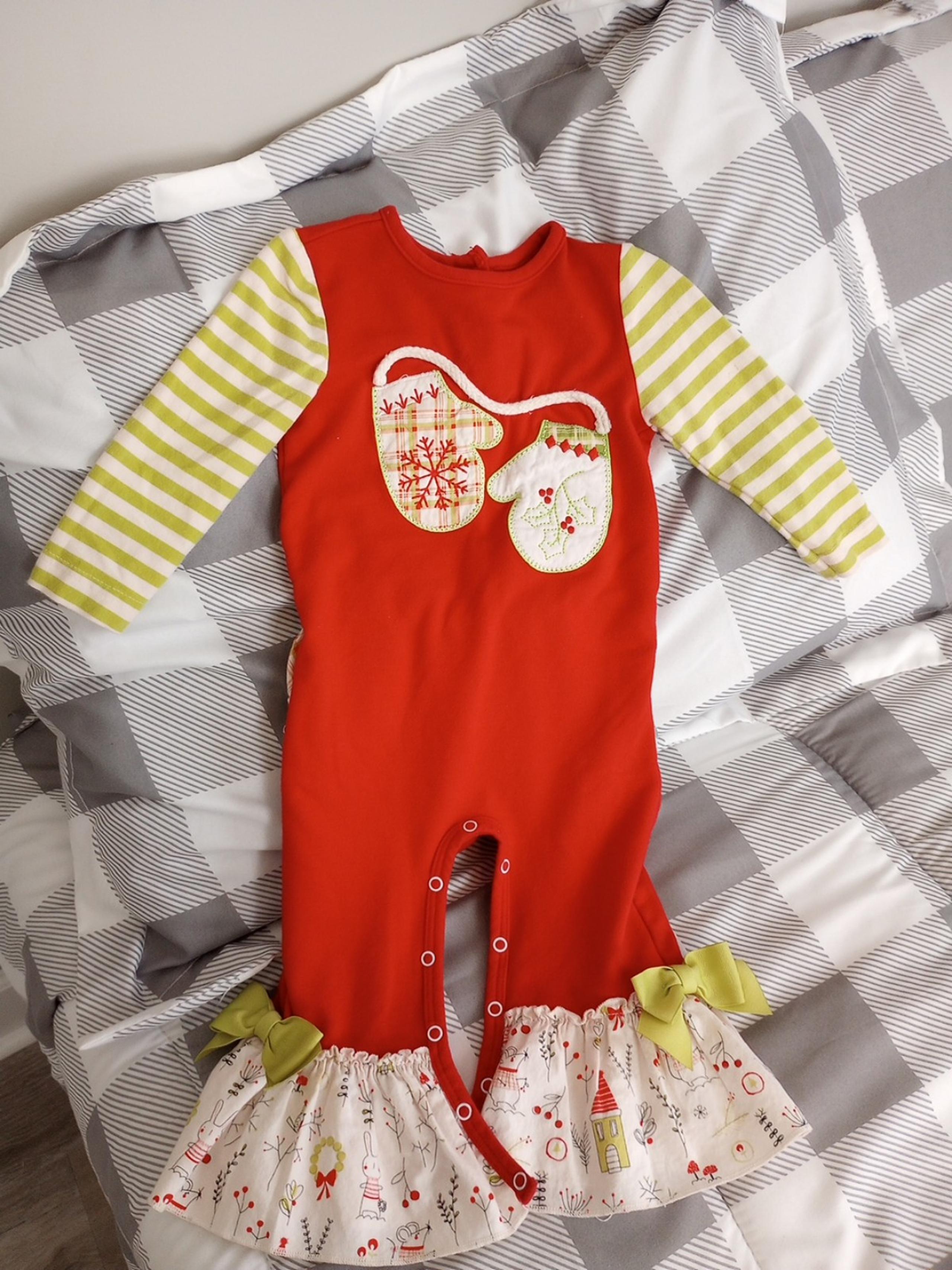 Girl's Ricrac & Ruffles Long Appliqued Christmas Romper 18 Months