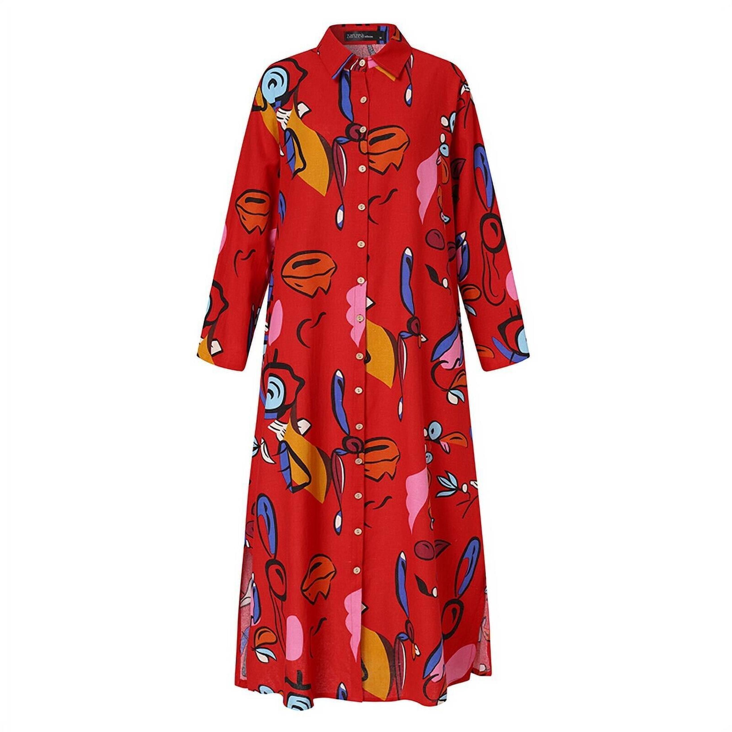 Korean Style Full Sleeve Long Button Front Funky Artsy Red Dress Duster S/M