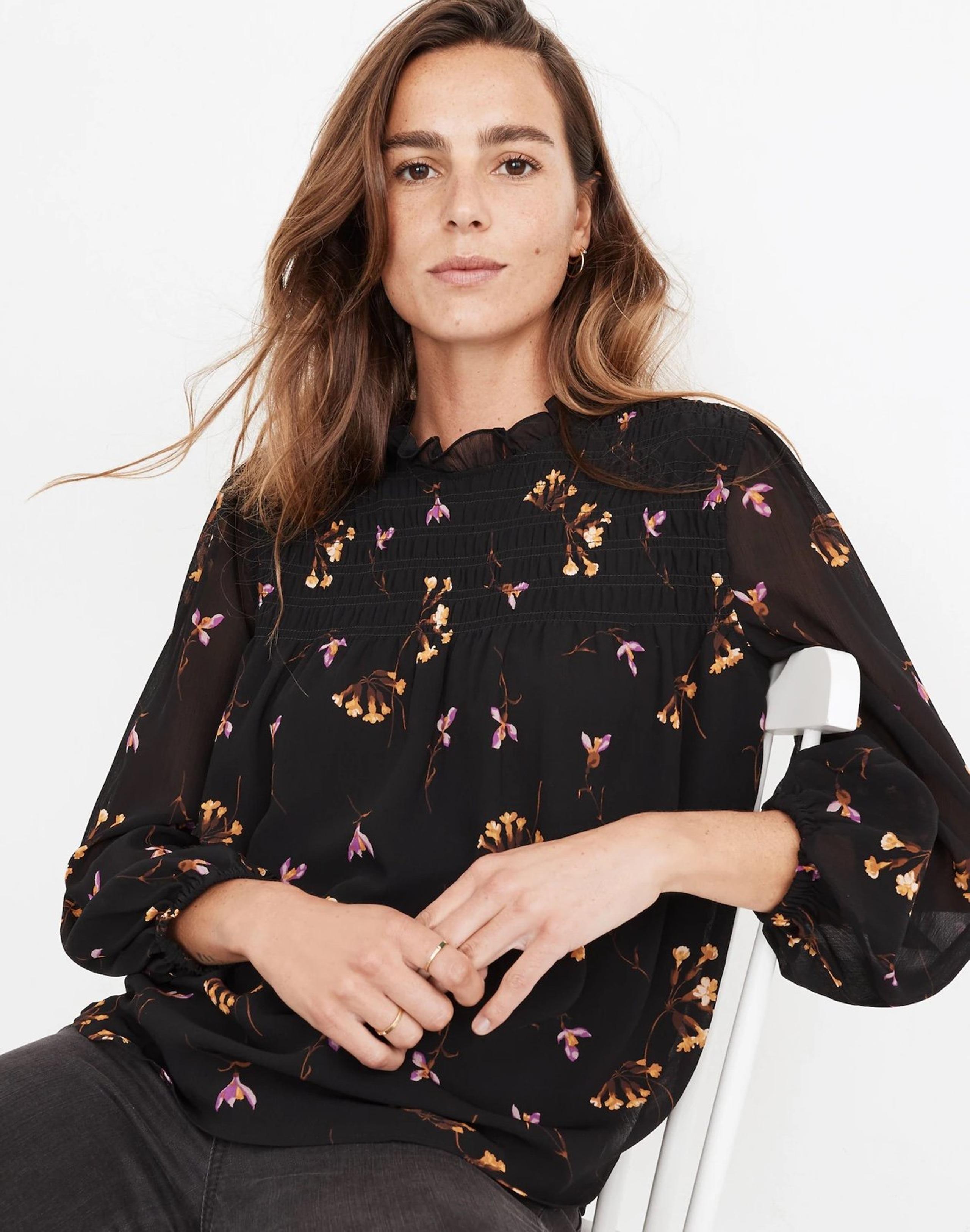 Georgette Ruffle-Collar Smocked Top in Falling Freesias