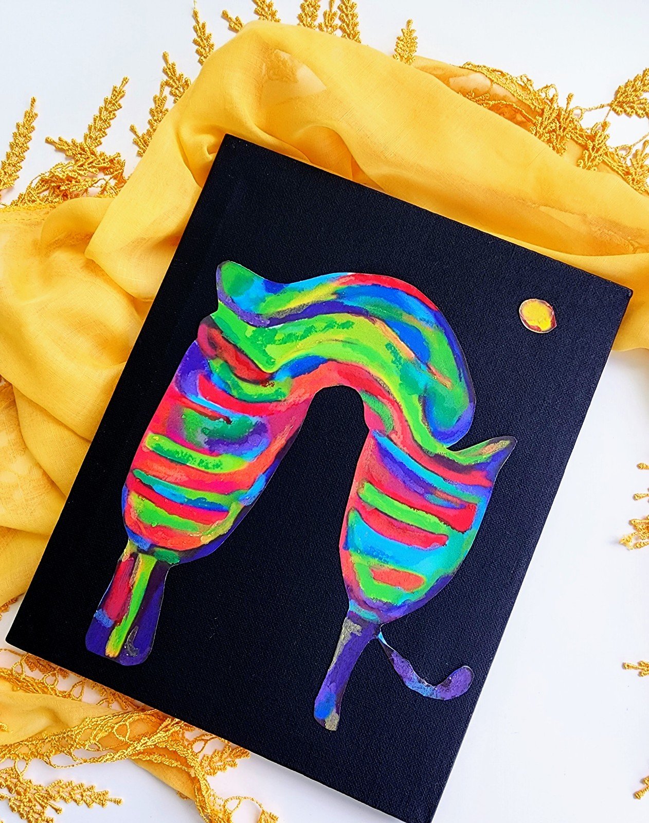 Handcrafted Stretchy Rainbow Meow orginal Canvas watercolor gel pastel painting