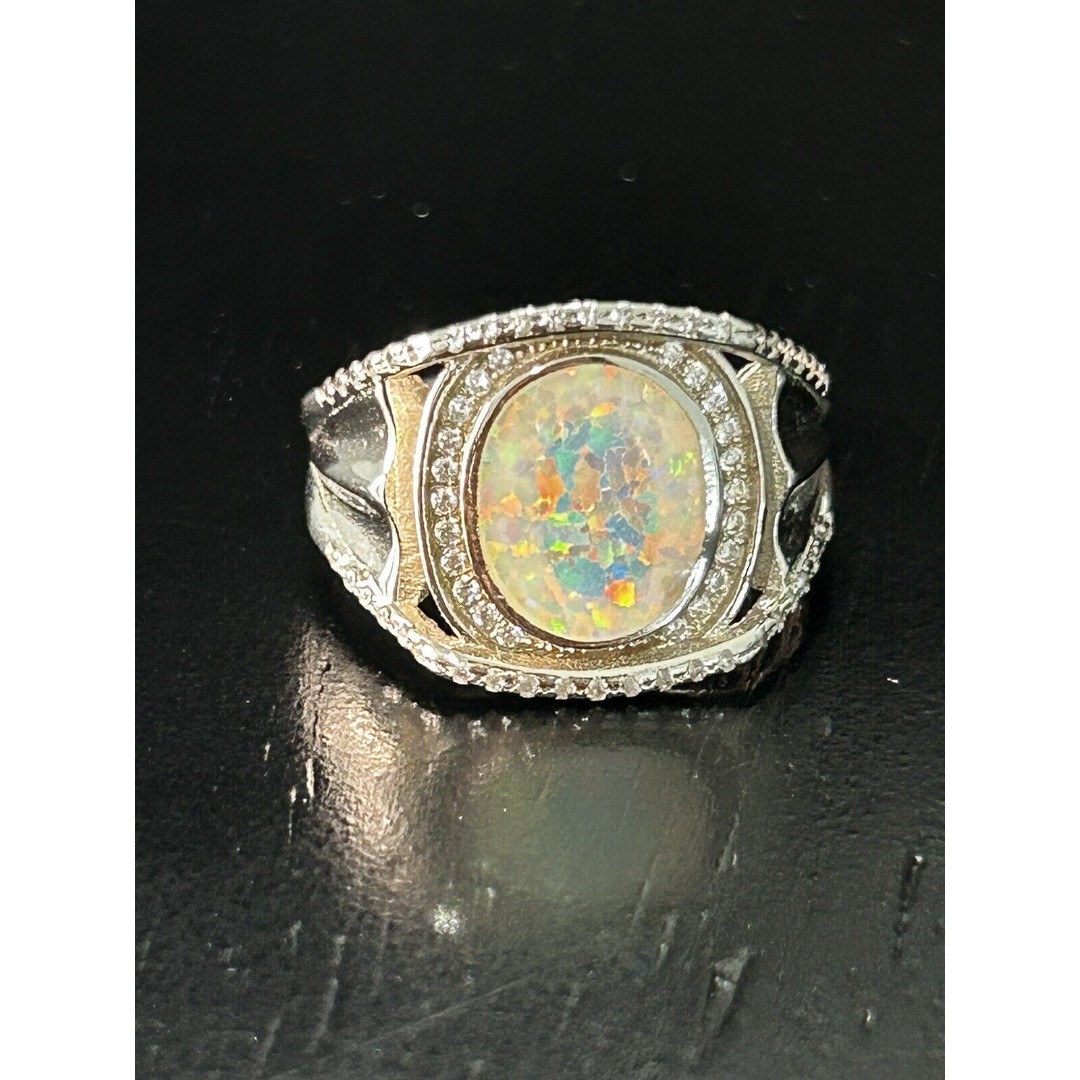 Vintage Ring Size 10 Silver 925 Opal and Rhinestones Large
