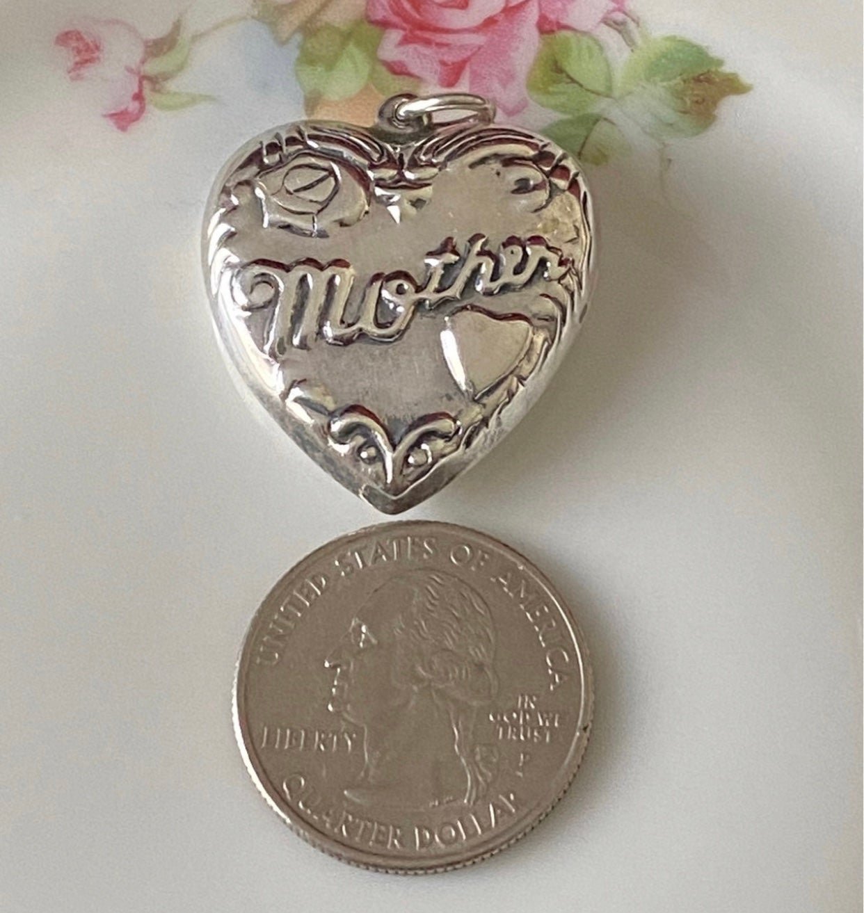 VTG Large Sterling Mom Puffy Heart Pendant