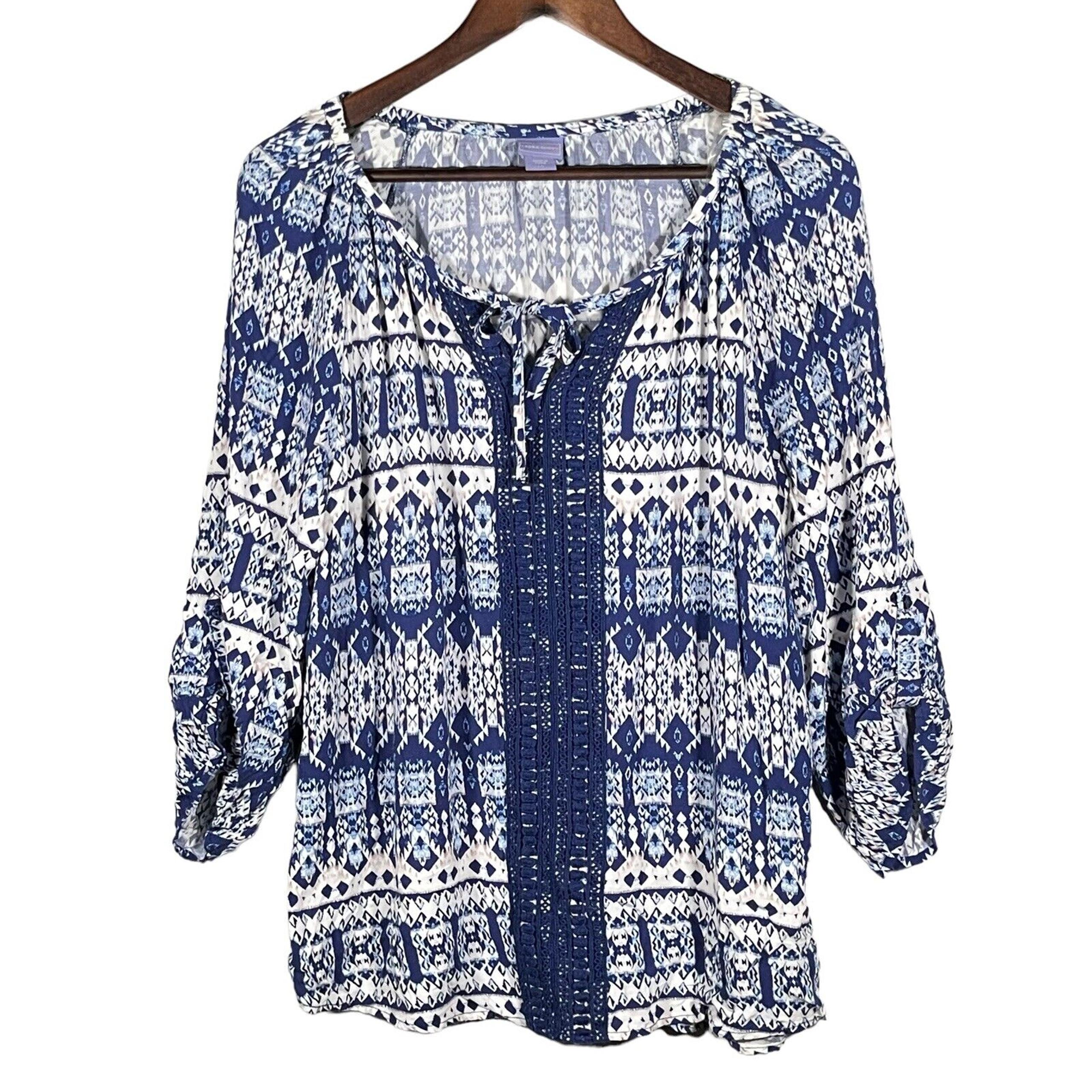Laura Scott Peasant Boho Top Women Size L Blue White Print Crochet Detail Rayon