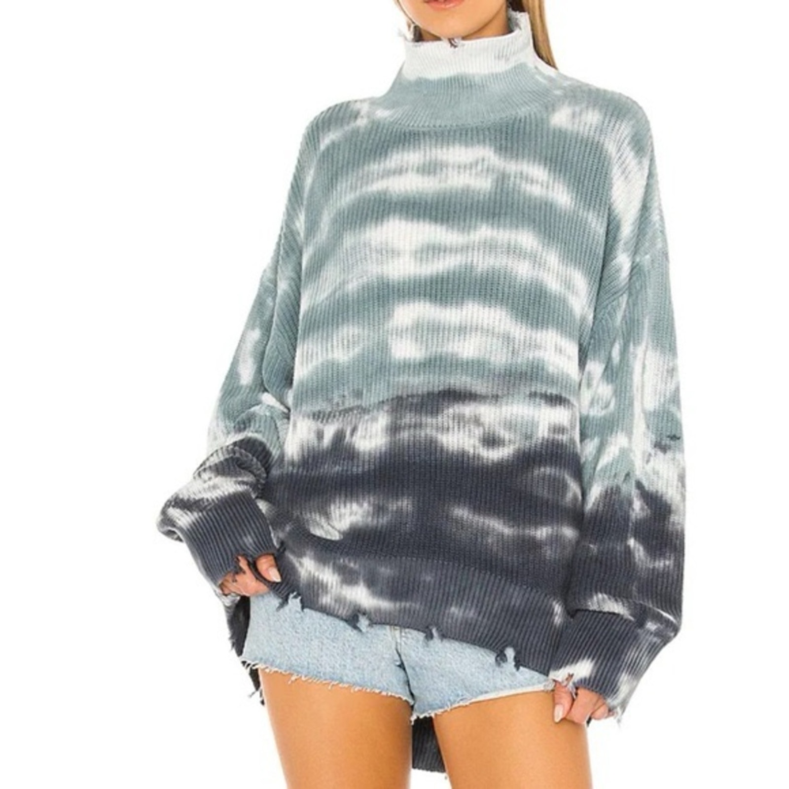 Young Fabulous and Broke Cameron Turtleneck Distressed Sweater Blue Women’s S M