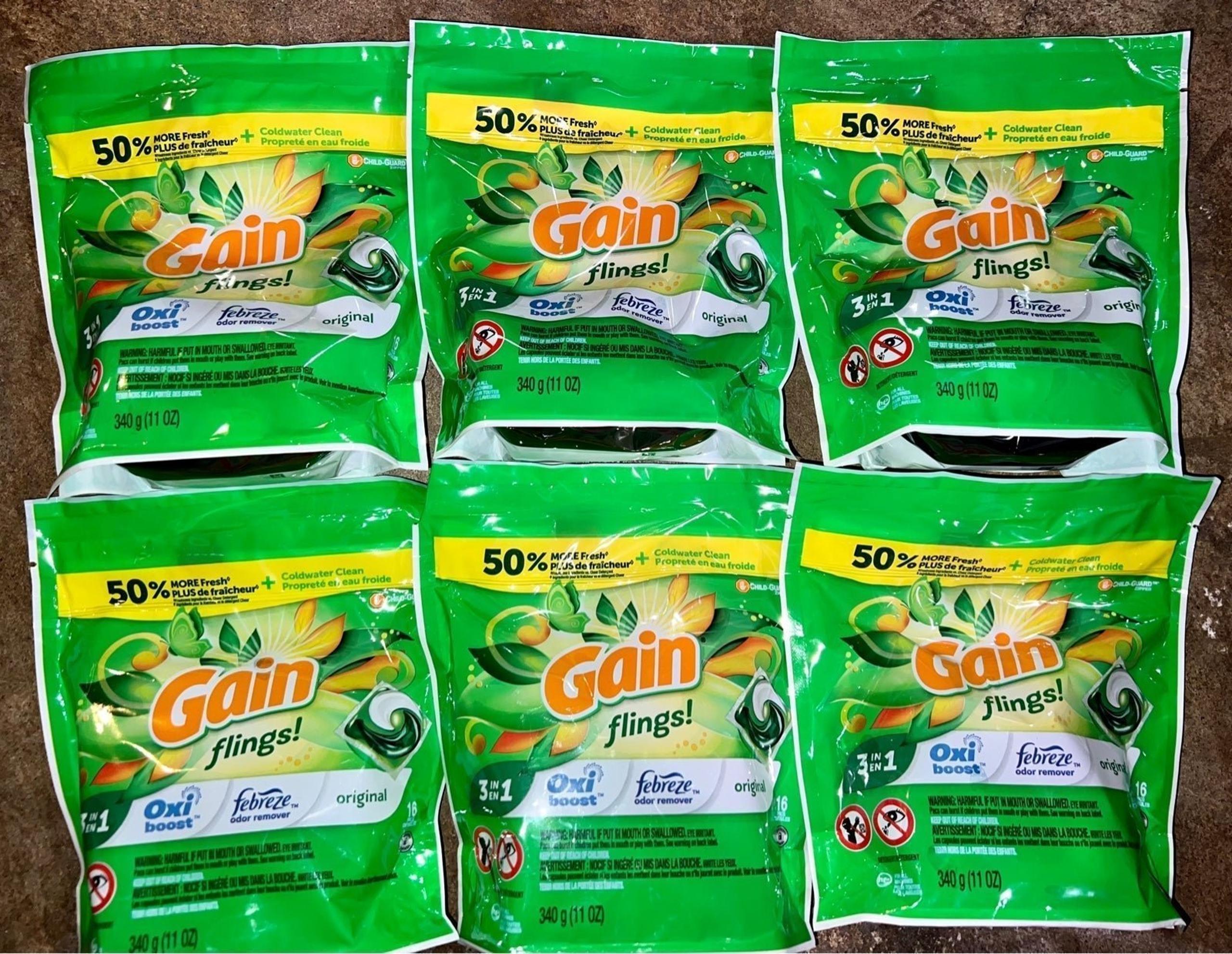 6 bags of Gain Flings Febreze Odor Remover Oxi Boost laundry detergent pods