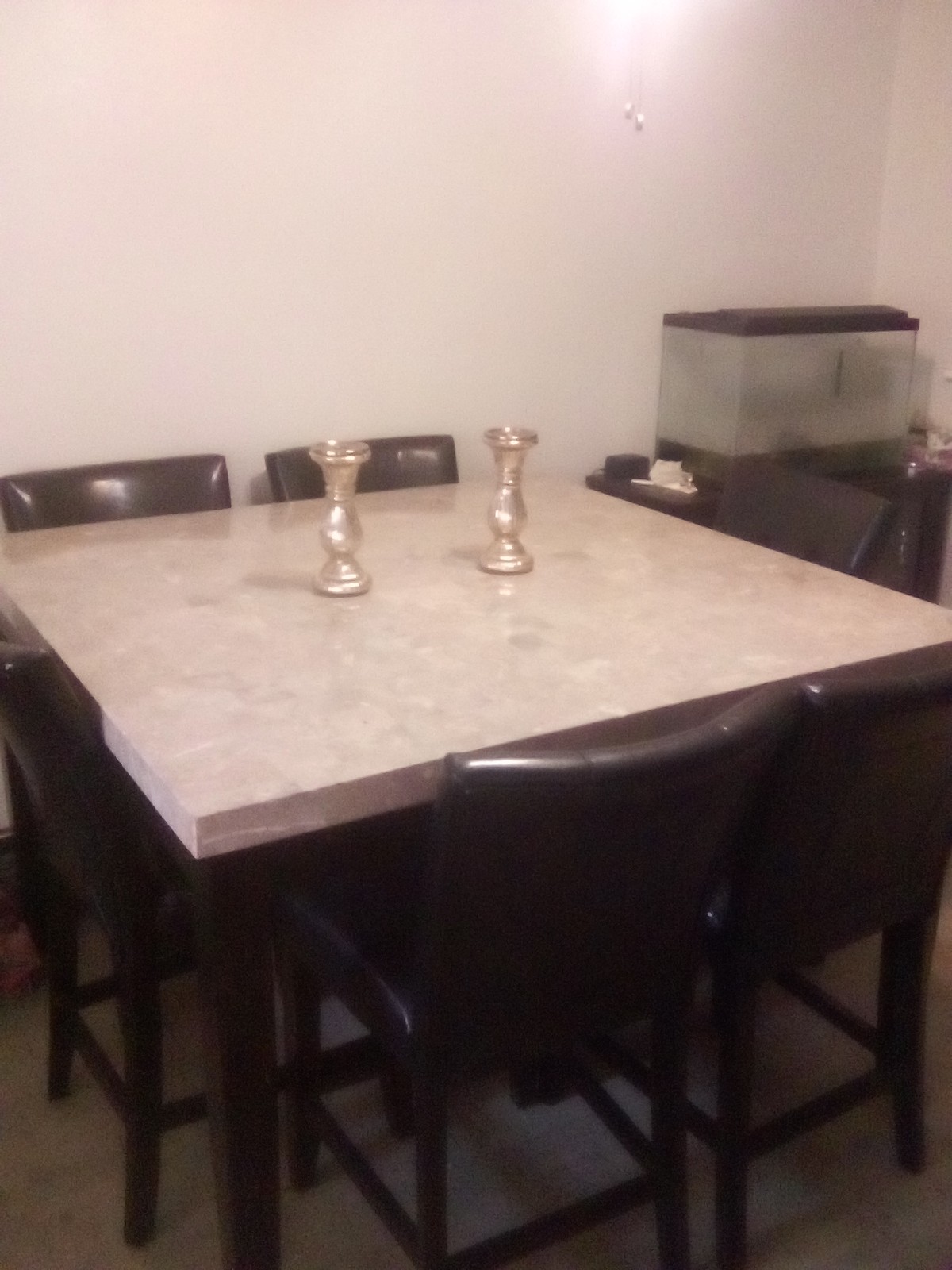 Marble table 6 chairs, bedroom set, bar and glasses