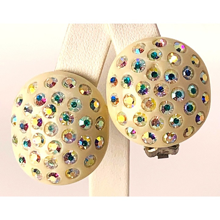 Weiss Earrings Clip On Aurora Borealis Cream Thermoplastic Celluloid Rare Vintag