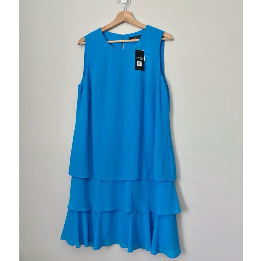Ralph Lauren Azure Blue Crinkle Georgette Tiered Mini Swing Dress