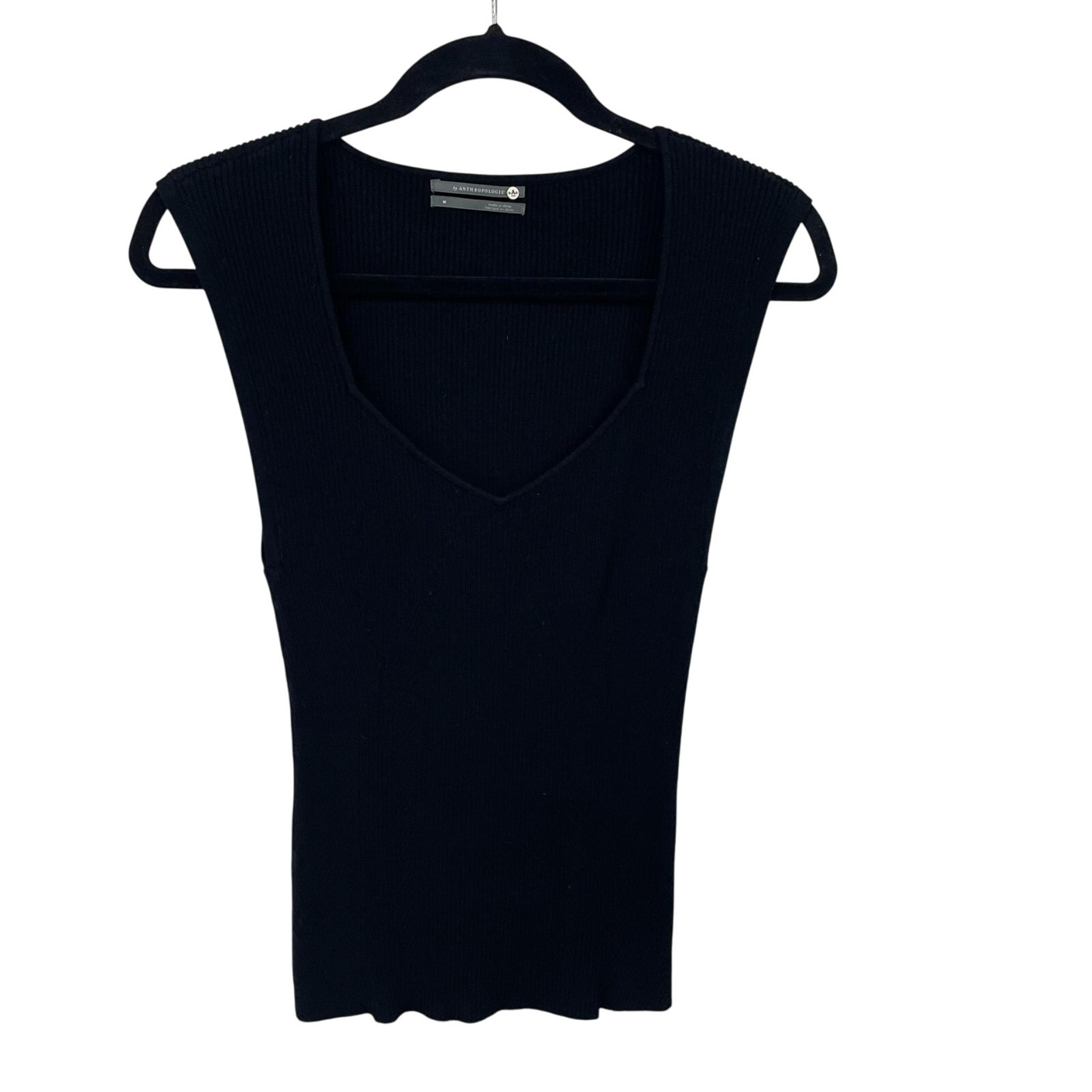 By Anthropologie Black Ribbed Knit Sleeveless Lowcut Top Womens Size Medium