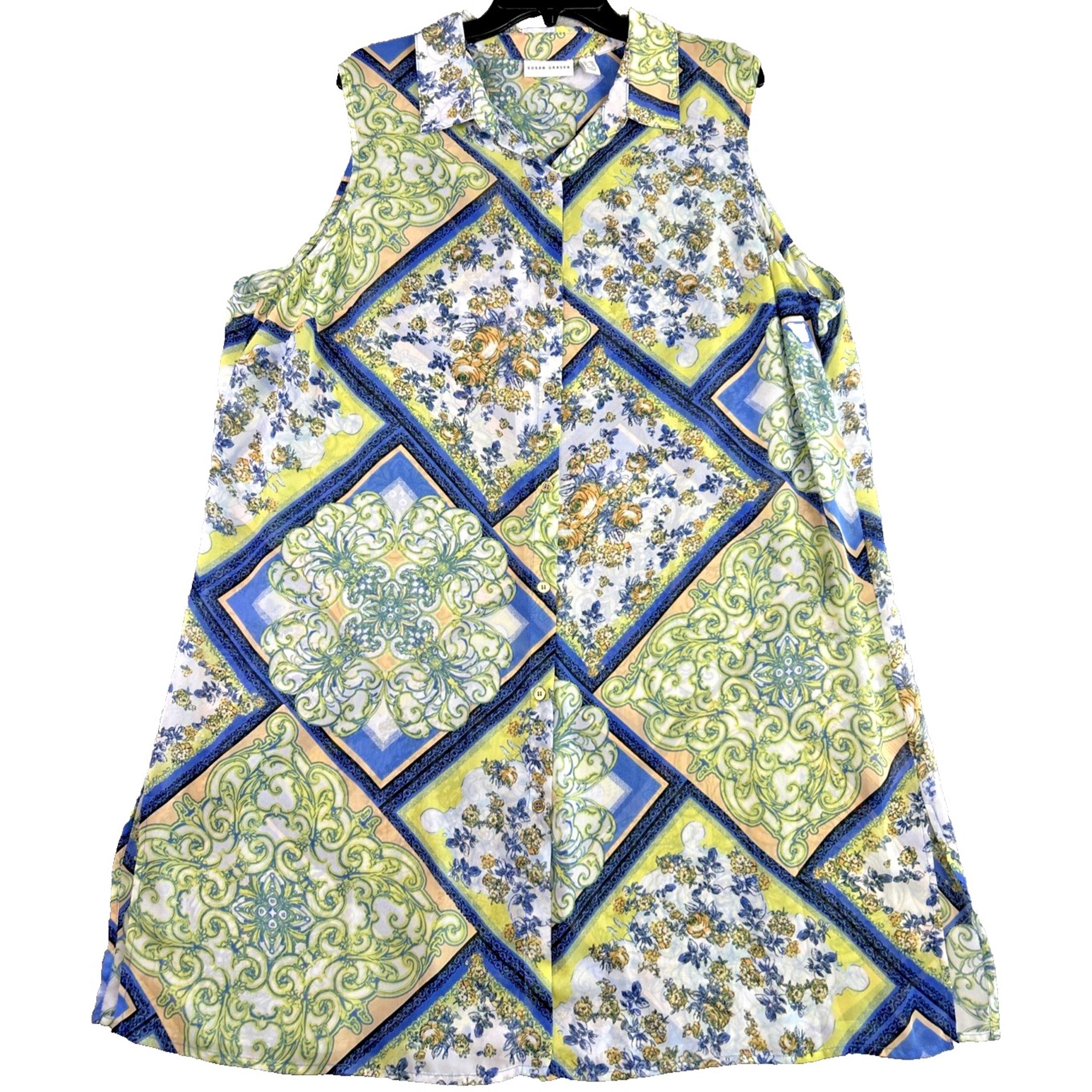 Susan Graver 20W Floral Sleeveless Shirt Tunic Dress Blue Green Sheer Boho