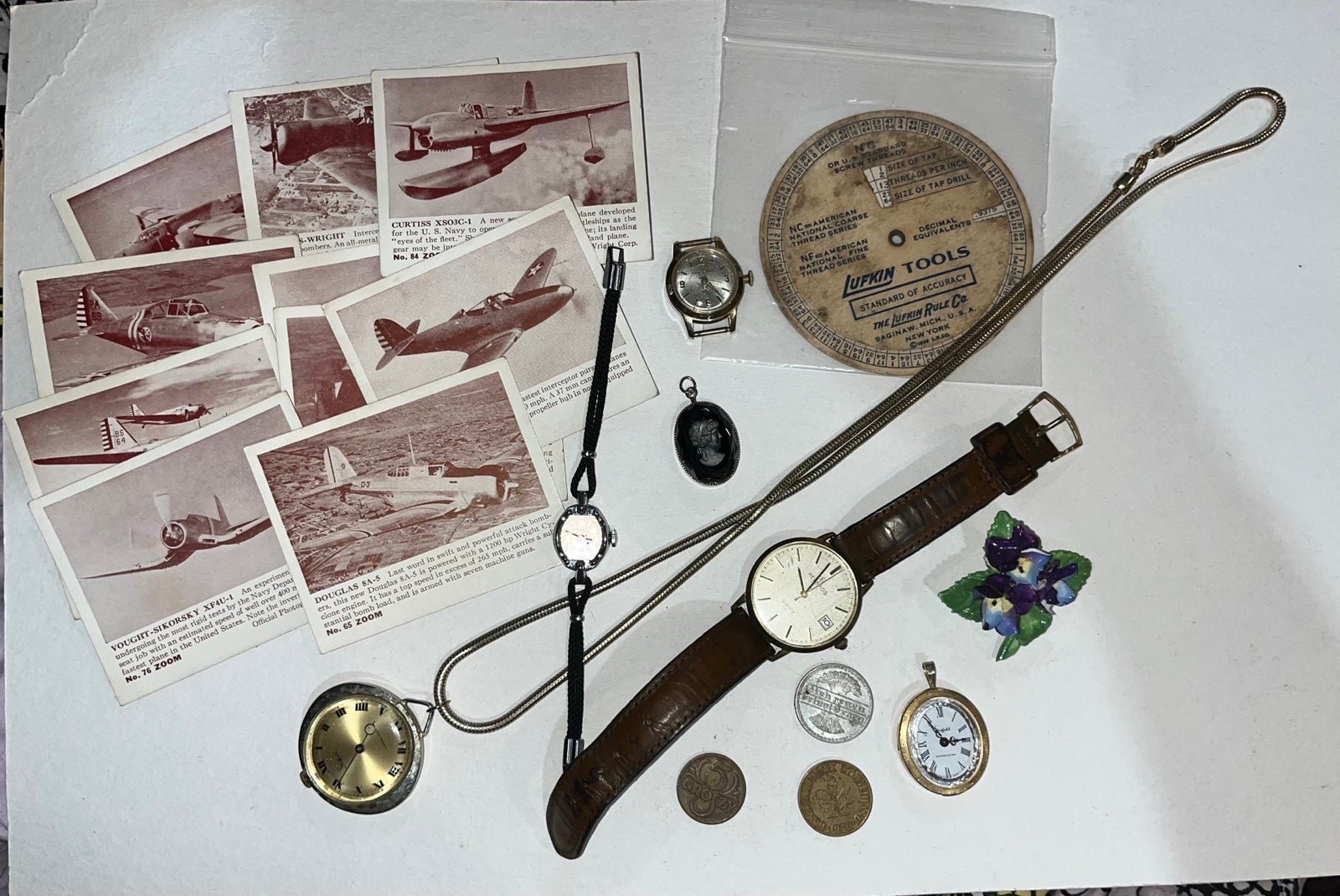 Vintage Lot, Watches, coins, Vintage Trading Cards, Intaglio Cameo Pendant